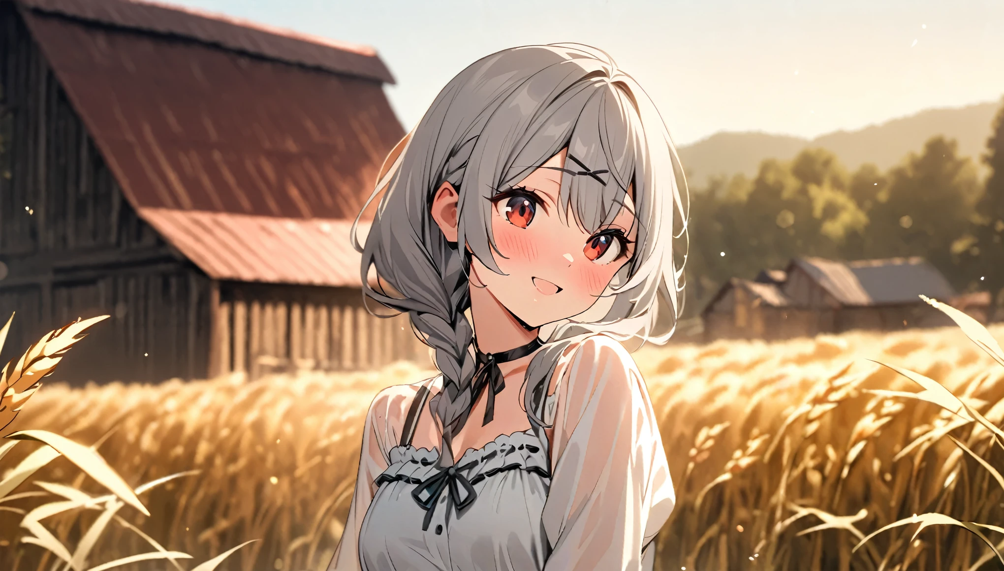 (masterpiece),(Highest quality),One woman, 20-year-old,Gray hair color black mesh,Beautiful red eyes, Tall and attractive, Wearing a cute country dress, Braided hair, Standing on a rural farm. She's gentle, A kind smile and expressive eyes. A charming barn can be seen in the background., Golden wheat fields and clear blue skies. The composition should be bathed in warm golden hour light., The soft depth of field and soft bokeh accentuate the idyllic tranquility.. Capture images that look like they were shot on vintage 35mm film for added impact, movie,