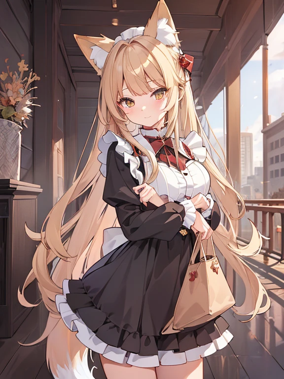 masterpiece、Highest quality、Very detailed、16K、Ultra-high resolution、Cowboy Shot、One person, Detailed face、Perfect Fingers、Fox Ears、Fox Tail、Golden Eyes、Blonde、Long Hair、Classic maid outfit, Luxurious Western-style building, lobby