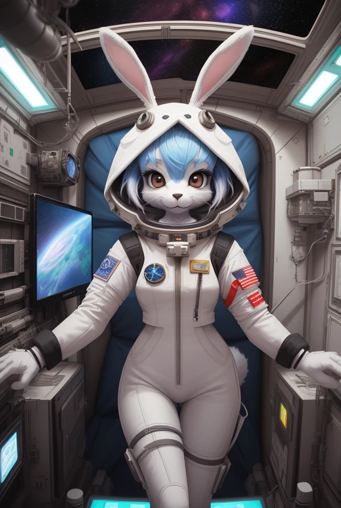 anime - style image of a woman in a space station with a rabbit costume, high resolution commission, pov art hairy, in a space station, in a space station, Lola Bunny Fanart, mini girly furry cute style, (SFW) Insurance for work, in the space station, in a space station llena de gente, star fox krystal, In a spaceship, furry fantasy art