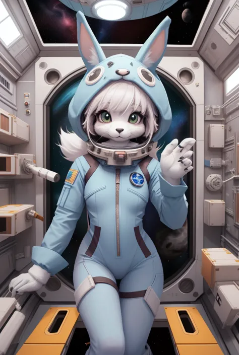 anime - style image of a woman in a space station with a rabbit costume, high resolution commission, pov art hairy, in a space s...