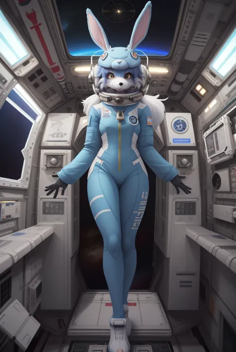 anime - style image of a woman in a space station with a rabbit costume, high resolution commission, pov art hairy, in a space s...