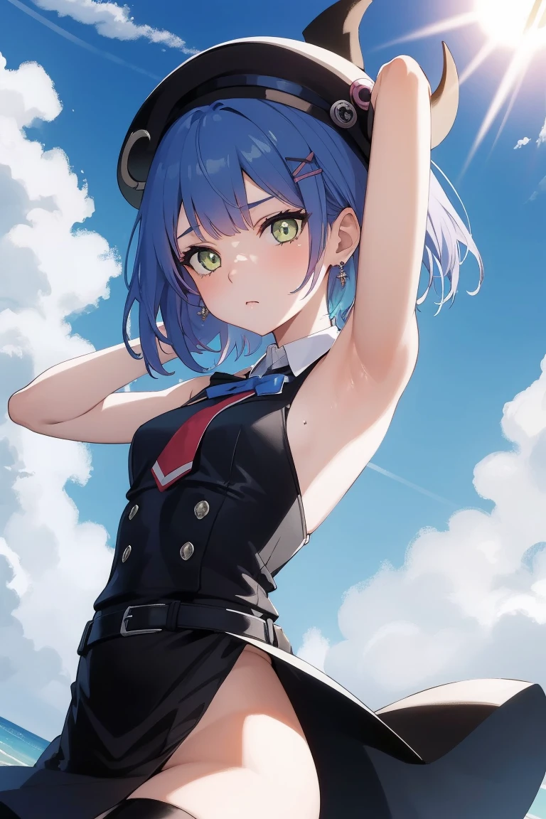 (Towa Tokoyami, Hololive), (Day:1.7), Sky Background,Blue sky and clouds, Upright and immobile posture,Underarm,Raise your arms, ((Completely naked)), (紫colorの髪,short hair, Black Hat, beret, False horns, hair ornaments, Earrings, devil&#39;tail, 1 person, 20-year-old,young woman,beautiful Finger,beautiful long legs,beautiful body,beautiful Nose,beautiful character design, perfect eye, perfect face, View your audience), (Innocent_big_eye:1.0),(Expressionless:1.3), Browsing Caution,Official Art,Very detailed CG ユニティ 8k 壁紙, Perfect lighting,colorful, bright_front_face_Lighting, (masterpiece:1.0),(Highest_quality:1.0), 超High resolution,4K,Very detailed, photograph, 8k, High resolution, High resolution, Absurd:1.2, Kodak Port 400, Film Grain, Blurred Background, Bokeh:1.2, Lens flare, (Vibrant_color:1.2) (beautiful,Moderate_chest:1.4), (beautiful_face:1.5),(narrow_Waist),(Perfect hands, Perfect Anatomy),