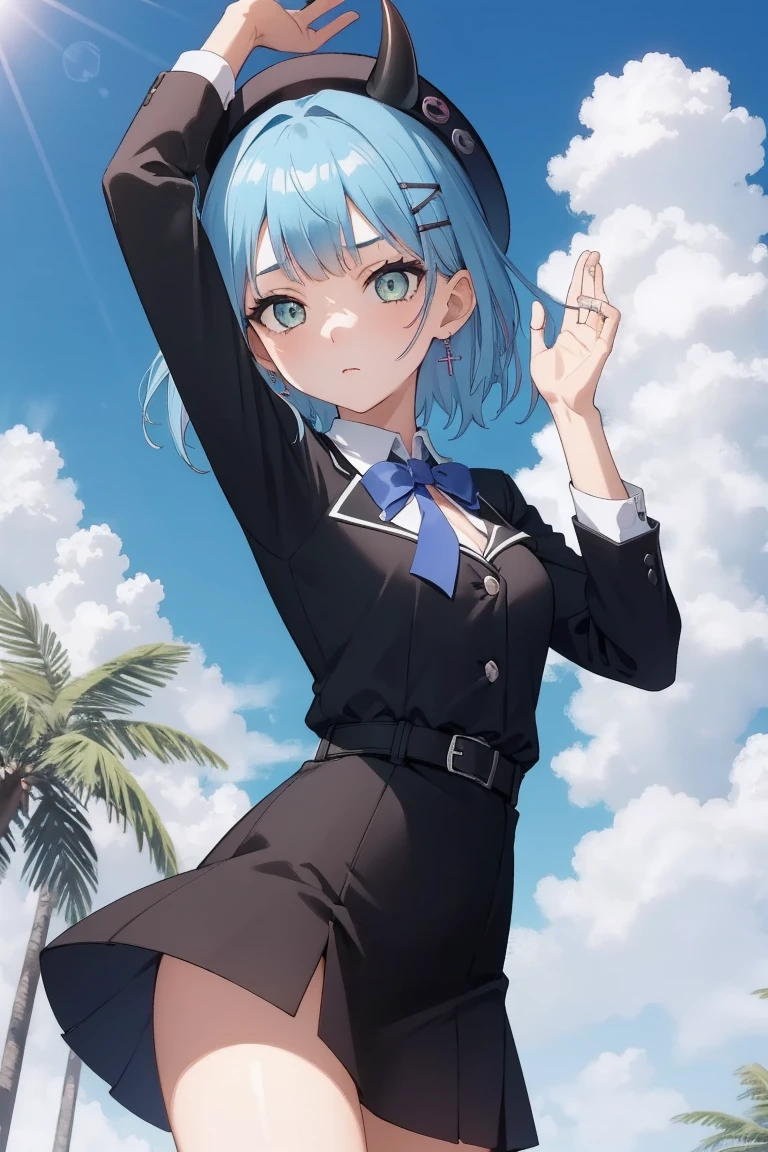 (Towa Tokoyami, Hololive), (Day:1.7), Sky Background,Blue sky and clouds, Upright and immobile posture,Underarm,Raise your arms, ((Completely naked)), (紫colorの髪,short hair, Black Hat, beret, False horns, hair ornaments, Earrings, devil&#39;tail, 1 person, 20-year-old,young woman,beautiful Finger,beautiful long legs,beautiful body,beautiful Nose,beautiful character design, perfect eye, perfect face, View your audience), (Innocent_big_eye:1.0),(Expressionless:1.3), Browsing Caution,Official Art,Very detailed CG ユニティ 8k 壁紙, Perfect lighting,colorful, bright_front_face_Lighting, (masterpiece:1.0),(Highest_quality:1.0), 超High resolution,4K,Very detailed, photograph, 8k, High resolution, High resolution, Absurd:1.2, Kodak Port 400, Film Grain, Blurred Background, Bokeh:1.2, Lens flare, (Vibrant_color:1.2) (beautiful,Moderate_chest:1.4), (beautiful_face:1.5),(narrow_Waist),(Perfect hands, Perfect Anatomy),