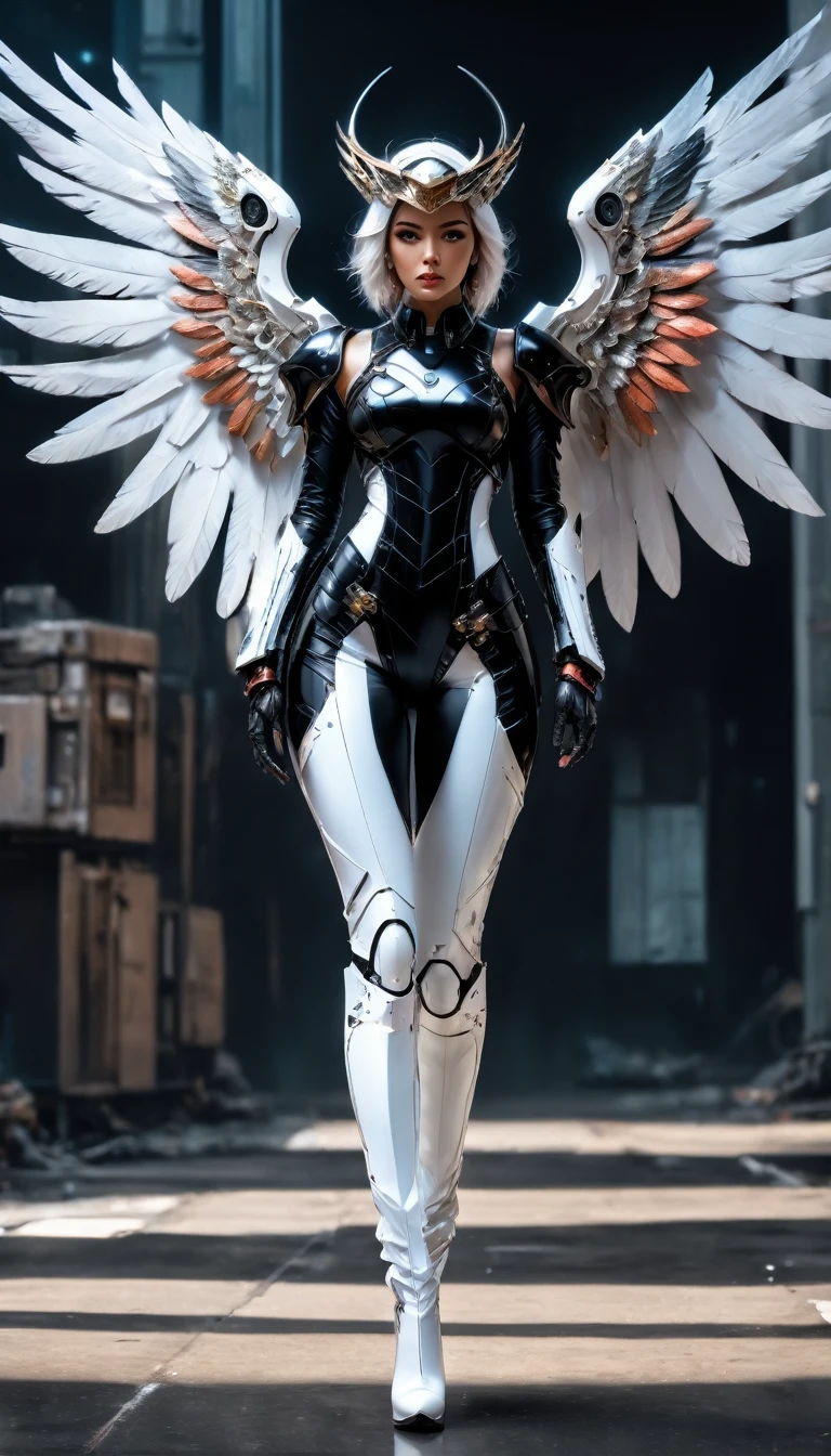 a picture of an mecha angel wearing 黒の革ジャケット, ((全身: 1.5)), エキゾチックな美しい天使 ((解剖学的に正しい: 1.5), (超詳細 face: 1.2), 最も詳細な顔, 巨乳, 折りたたまれた翼, 白い天使の羽, (白いメカアーマー: 1.3), 彼女は着ている ((黒の革ジャケット: 1.5)), 精巧な革のジャケット, ゆったりしたレザージャケット, 魅力的なレザージャケット, ジャケットにはメタリックスタッドが付いています, シルクのドレスを着て, (ダイナミックカラードレス)), サイハイヒールのブーツを履いている, サイバーパンク教会の背景, , 活気のある, ハイパーリアリズムスタイル, 活気のある, 超高解像度, ハイコントラスト, (傑作:1.5), 最高品質, 最高の美学), 最高の詳細, 最高品質, 高解像度, 超広角, 16k, [超詳細], 傑作, 最高品質, (非常に詳細な) 生, 羽根のついた翼,