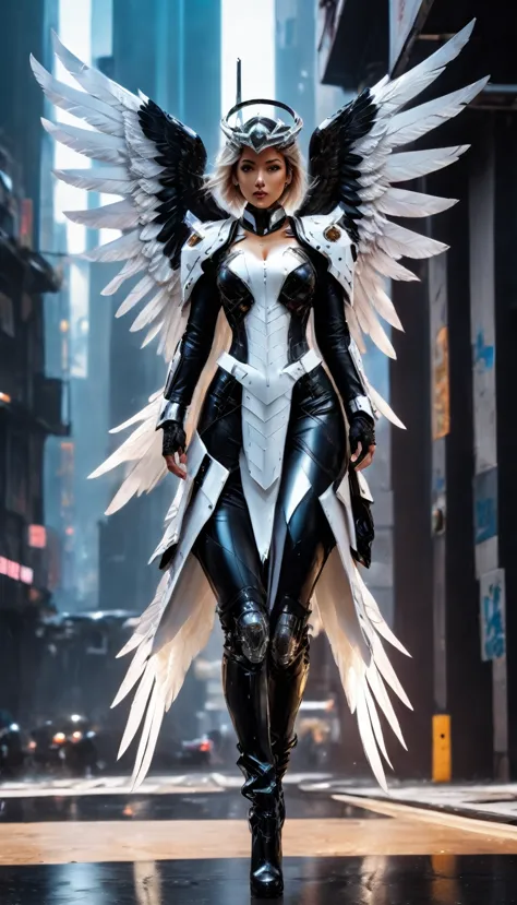 a picture of an mecha angel wearing black leather jacket, ((full body: 1.5)), exotic beautiful angel ((anatomically correct: 1.5...