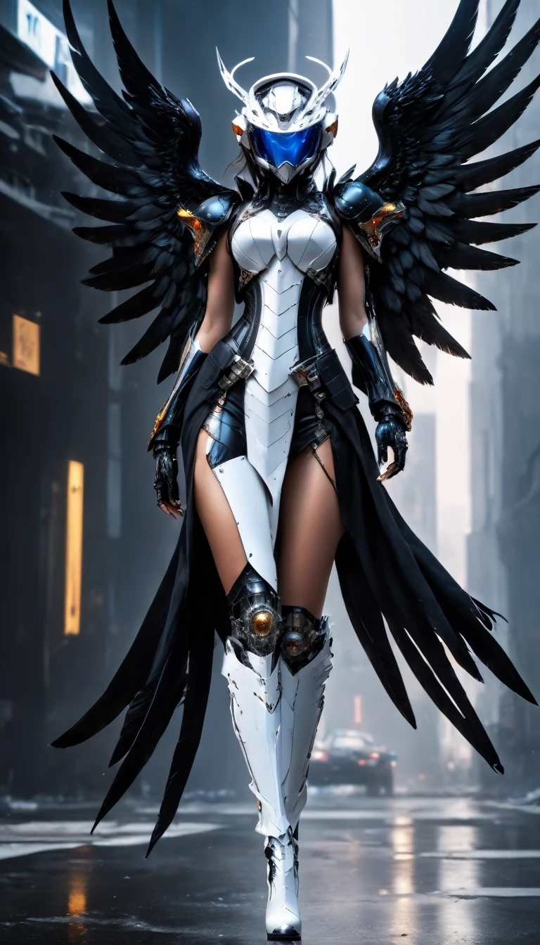 a picture of an mecha angel wearing black leather jacket, ((full body: 1.5)), exotic beautiful angel ((anatomically correct: 1.5), (ultra detailed face: 1.2), best detailed face, busty, folded wings, white angel wings, (white mecha armor: 1.3), she is wearing ((black leather jacket: 1.5)), intricate leather jacket, loose leather jacket, glam leather jacket, jacket has metallic studs, wearing silk dress, (dynamic color dress)), wearing thigh high heeled boots, cyberpunk church background, , vibrant, Hyperrealism style, vibrant, Ultra-high resolution, High Contrast, (masterpiece:1.5), highest quality, Best aesthetics), best details, best quality, highres, ultra wide angle, 16k, [ultra detailed], masterpiece, best quality, (extremely detailed) RAW, feathered wings,