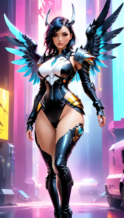 a picture of an mecha angel wearing black leather jacket, ((full body: 1.5)), exotic beautiful angel ((anatomically correct: 1.5...