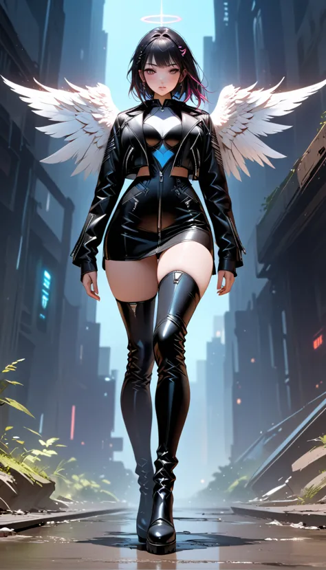 a picture of an mecha angel wearing black leather jacket, ((full body: 1.5)), exotic beautiful angel ((anatomically correct: 1.5...