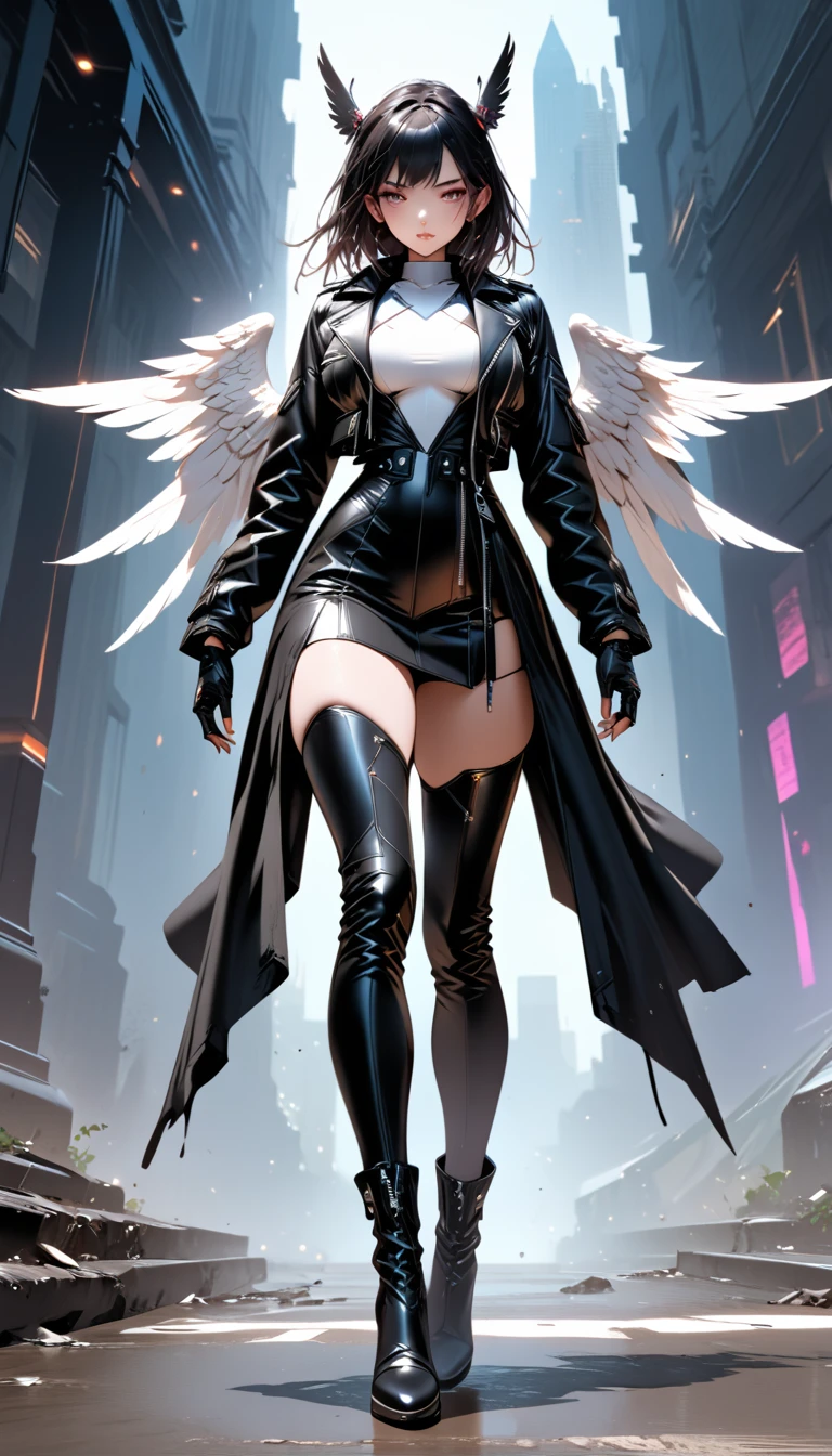 a picture of an mecha angel wearing black leather jacket, ((full body: 1.5)), exotic beautiful angel ((anatomically correct: 1.5), (ultra detailed face: 1.2), best detailed face, busty, folded wings, white angel wings, (white mecha armor: 1.3), she is wearing ((black leather jacket: 1.5)), intricate leather jacket, loose leather jacket, glam leather jacket, jacket has metallic studs, wearing silk dress, (dynamic color dress)), wearing thigh high heeled boots, cyberpunk church background, , vibrant, Hyperrealism style, vibrant, Ultra-high resolution, High Contrast, (masterpiece:1.5), highest quality, Best aesthetics), best details, best quality, highres, ultra wide angle, 16k, [ultra detailed], masterpiece, best quality, (extremely detailed) RAW, feathered wings,