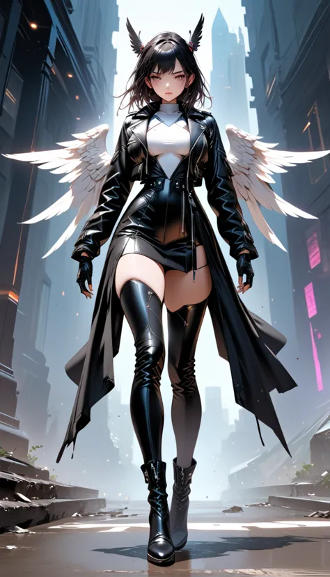 a picture of an mecha angel wearing black leather jacket, ((full body: 1.5)), exotic beautiful angel ((anatomically correct: 1.5...