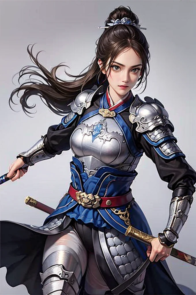 ((no background:1.0)), (cowboy shot), best quality, masterpiece, Solo, detailed beautiful lady, ancient Chinese armor, (silver armor), holding sword