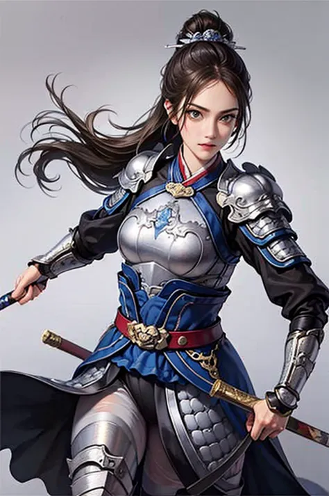 ((no background:1.0)), (cowboy shot), best quality, masterpiece, Solo, detailed beautiful lady, ancient Chinese armor, (silver a...