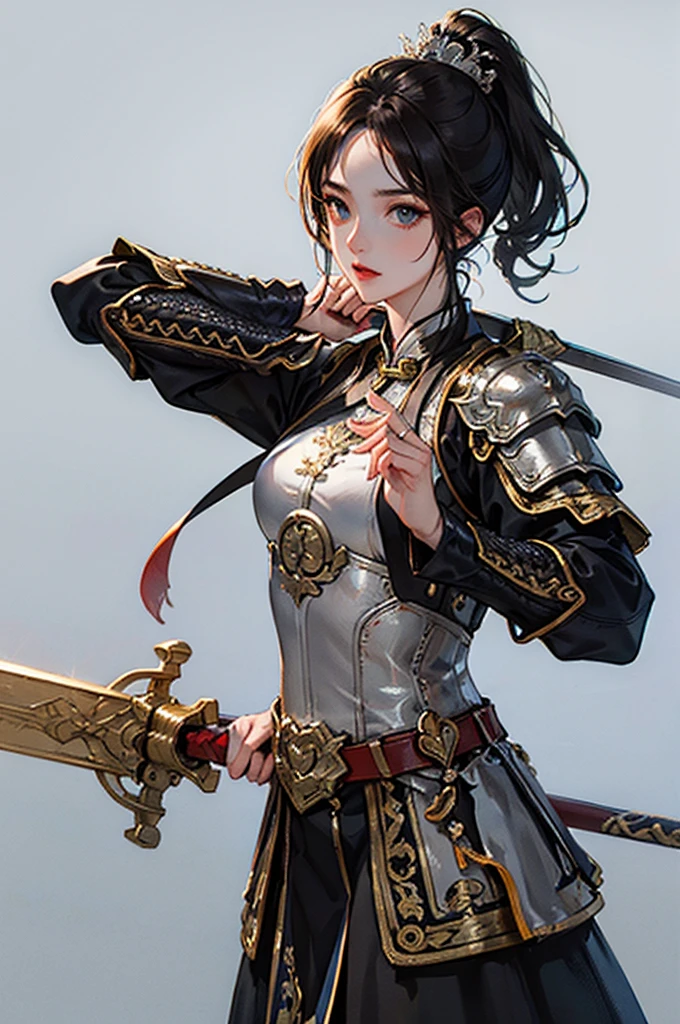 ((no background:1.0)), (cowboy shot), best quality, masterpiece, Solo, detailed beautiful lady, ancient Chinese armor, (silver armor), holding sword