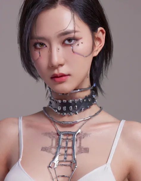 a stunning close up 4k photo-realistic image of a cyberpunk demi-human girl with an asian face, glossy reflected make up. her vi...