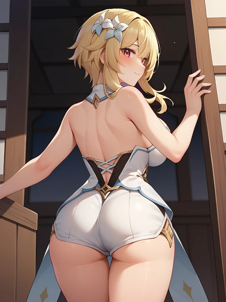 score_9,score_8_up,score_7_up,rating: general,1girl,solo,long hair,breasts,looking at viewer,blush,bangs,large breasts,blonde hair,hair ornament,red eyes,dress,bare shoulders,jewelry,closed mouth, ass, back,from behind,shorts,back,e,lumine, genshin impact,shexyo, shexyo style