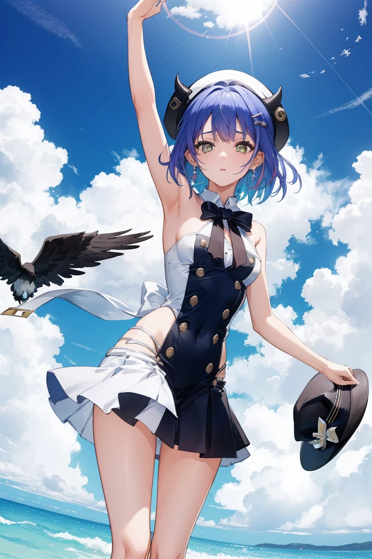 (Towa Tokoyami, Hololive), (Day:1.7), Sky Background,Blue sky and clouds, Upright and immobile posture,Underarm,Raise your arms, ((Completely naked)), (紫colorの髪,short hair, Black Hat, beret, False horns, hair ornaments, Earrings, devil&#39;tail, 1 person, 20-year-old,young woman,beautiful Finger,beautiful long legs,beautiful body,beautiful Nose,beautiful character design, perfect eye, perfect face, View your audience), (Innocent_big_eye:1.0),(Expressionless:1.3), Browsing Caution,Official Art,Very detailed CG ユニティ 8k 壁紙, Perfect lighting,colorful, bright_front_face_Lighting, (masterpiece:1.0),(Highest_quality:1.0), 超High resolution,4K,Very detailed, photograph, 8k, High resolution, High resolution, Absurd:1.2, Kodak Port 400, Film Grain, Blurred Background, Bokeh:1.2, Lens flare, (Vibrant_color:1.2) (beautiful,Moderate_chest:1.4), (beautiful_face:1.5),(narrow_Waist),(Perfect hands, Perfect Anatomy),