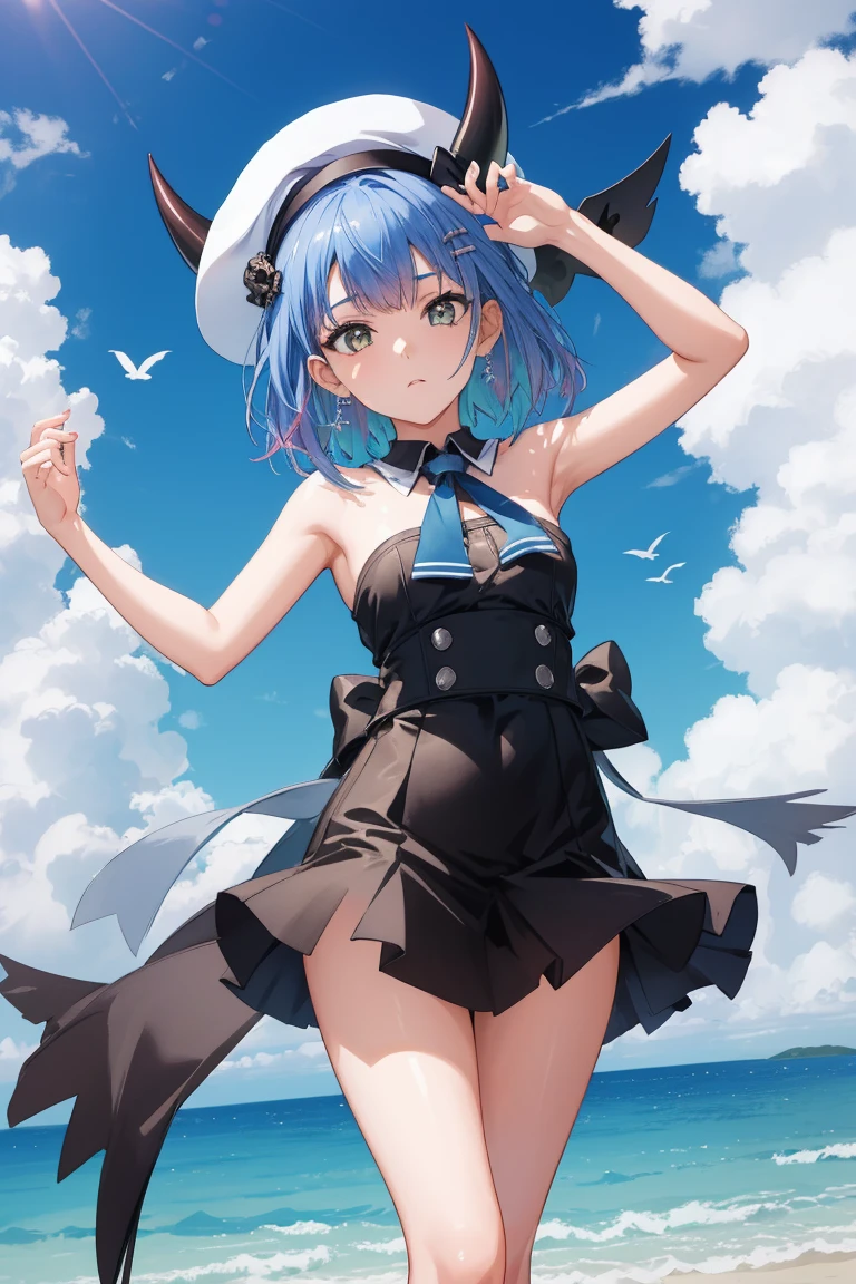 (Towa Tokoyami, Hololive), (Day:1.7), Sky Background,Blue sky and clouds, Upright and immobile posture,Underarm,Raise your arms, ((Completely naked)), (紫colorの髪,short hair, Black Hat, beret, False horns, hair ornaments, Earrings, devil&#39;tail, 1 person, 20-year-old,young woman,beautiful Finger,beautiful long legs,beautiful body,beautiful Nose,beautiful character design, perfect eye, perfect face, View your audience), (Innocent_big_eye:1.0),(Expressionless:1.3), Browsing Caution,Official Art,Very detailed CG ユニティ 8k 壁紙, Perfect lighting,colorful, bright_front_face_Lighting, (masterpiece:1.0),(Highest_quality:1.0), 超High resolution,4K,Very detailed, photograph, 8k, High resolution, High resolution, Absurd:1.2, Kodak Port 400, Film Grain, Blurred Background, Bokeh:1.2, Lens flare, (Vibrant_color:1.2) (beautiful,Moderate_chest:1.4), (beautiful_face:1.5),(narrow_Waist),(Perfect hands, Perfect Anatomy),