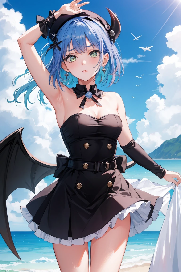 (Towa Tokoyami, Hololive), (Day:1.7), Sky Background,Blue sky and clouds, Upright and immobile posture,Underarm,Raise your arms, ((Completely naked)), (紫colorの髪,short hair, Black Hat, beret, False horns, hair ornaments, Earrings, devil&#39;tail, 1 person, 20-year-old,young woman,beautiful Finger,beautiful long legs,beautiful body,beautiful Nose,beautiful character design, perfect eye, perfect face, View your audience), (Innocent_big_eye:1.0),(Expressionless:1.3), Browsing Caution,Official Art,Very detailed CG ユニティ 8k 壁紙, Perfect lighting,colorful, bright_front_face_Lighting, (masterpiece:1.0),(Highest_quality:1.0), 超High resolution,4K,Very detailed, photograph, 8k, High resolution, High resolution, Absurd:1.2, Kodak Port 400, Film Grain, Blurred Background, Bokeh:1.2, Lens flare, (Vibrant_color:1.2) (beautiful,Moderate_chest:1.4), (beautiful_face:1.5),(narrow_Waist),(Perfect hands, Perfect Anatomy),