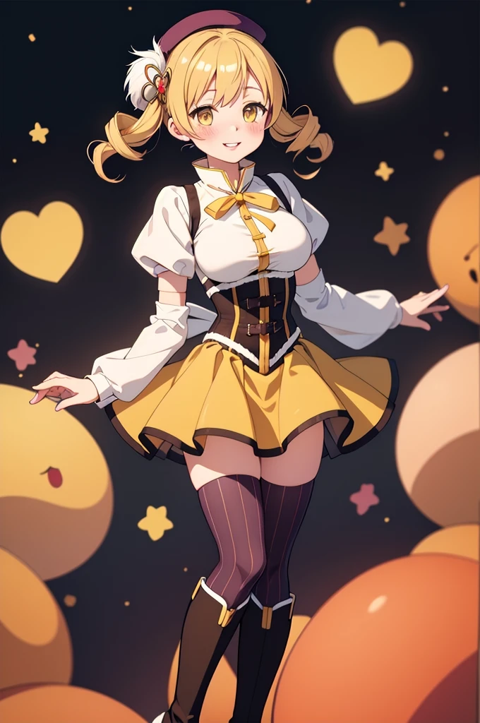 (masterpiece, best quality), 1girl,    MamiAi, yellow eyes, blonde hair, drill hair, twin drills, shiny, shiny hair, breasts, blush, smile, bangs, large breasts, neck ribbon, hair ornament, ribbon, parted lips, ;), light blush, yellow ribbon, hairpin, dot nose, magical girl, tomoe mami, skirt, shirt, thighhighs, long sleeves, hat, short sleeves, heart, thighs, pleated skirt, boots, detached sleeves, striped, puffy sleeves, puffy short sleeves, zettai ryouiki, black headwear, beret, brown footwear, knee boots, feathers, corset, striped thighhighs, vertical stripes, high collar, brown thighhighs, yellow skirt, vertical-striped thighhighs