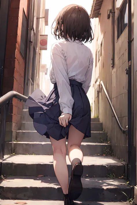 animese anime girl in skirt and blouse, walking up the stairs, 1girl, stairs, skirt, brown hair,long hair,solo, grey skirt, ((((...