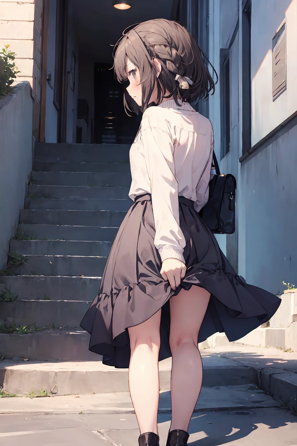 animese anime girl in skirt and blouse, walking up the stairs, 1girl, stairs, skirt, brown hair,long hair,solo, grey skirt, ((((long skirt)))),school uniform, pleated skirt,(((covering ass))), blush, long sleeves, bangs,(( from behind)),full body,White panties,bag,clothes tug, skirt tug, wind, wind lift