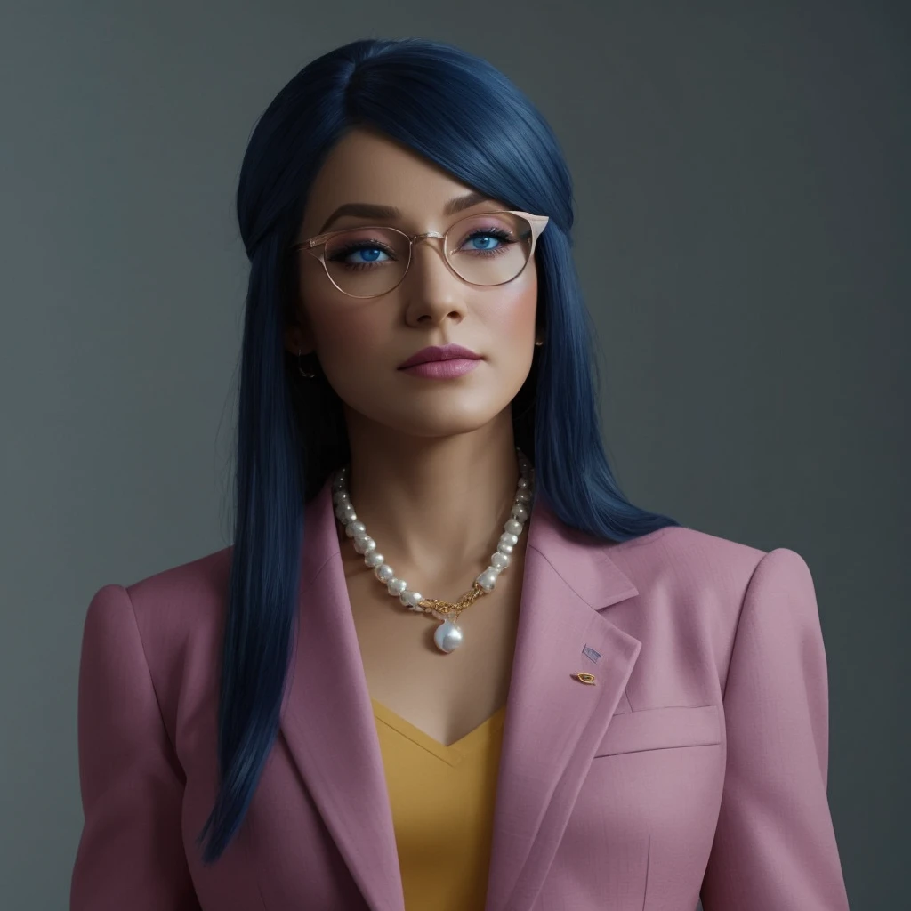 executive woman blue face makeup, with light blue skin placement, leadership pose, 8k, cinematic lights