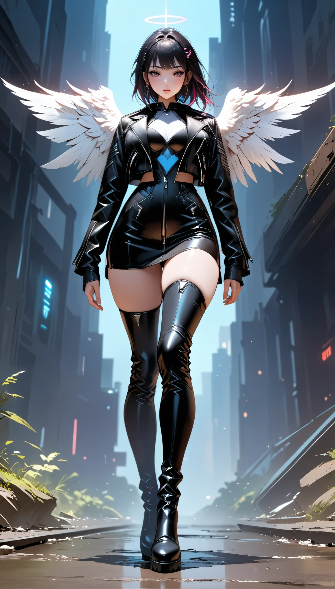 a picture of an mecha angel wearing black leather jacket, ((full body: 1.5)), exotic beautiful angel ((anatomically correct: 1.5), (ultra detailed face: 1.2), best detailed face, busty, folded wings, white angel wings, (white mecha armor: 1.3), she is wearing ((black leather jacket: 1.5)), intricate leather jacket, loose leather jacket, glam leather jacket, jacket has metallic studs, wearing silk dress, (dynamic color dress)), wearing thigh high heeled boots, cyberpunk church background, , vibrant, Hyperrealism style, vibrant, Ultra-high resolution, High Contrast, (masterpiece:1.5), highest quality, Best aesthetics), best details, best quality, highres, ultra wide angle, 16k, [ultra detailed], masterpiece, best quality, (extremely detailed) RAW, feathered wings,