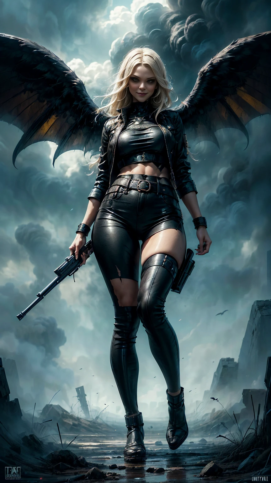 plano general, whole body, Pay attention rebel angel big black wings black leather jacket:1.4, The eyes, dark and torn, ((only 1 dark and malevolent woman from the underworld evil smile, squinted eyes:1.3)), body-hugging leather clothing black leather jacket,beautiful muscular body, fierce expression, holding a gun, (colors in your clothes, warm, orange, yellow, violet: 1.3), standing in a desolate field, dramatic lighting, intense shadows, sandy texture , high contrast, vibrant colors, dynamic pose, powerful posture, rough background, explosive atmosphere, dystopian theme, surreal elements, digitally painted illustration, high definition resolution, intricate details, dramatic composition, avant-garde and chaotic brushstrokes, Gothic style, intense emotions, Scale epic, raw and gritty feeling, Captivating and provocative works of art....breeches_v1c