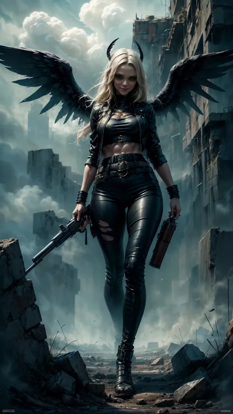 plano general, whole body, pay attention rebel angel big black wings black leather jacket:1.4, the eyes, dark and torn, ((only 1...