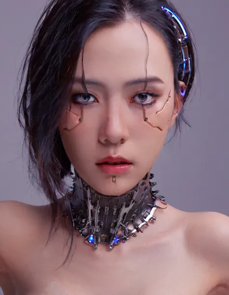 a stunning close up 4k photo-realistic image of a cyberpunk demi-human girl with an asian face, glossy reflected make up. her vi...