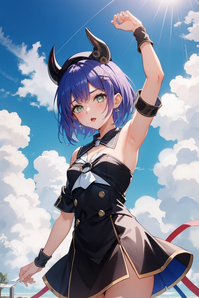 (Towa Tokoyami, Hololive), naked, (Day:1.7), Sky Background,Blue sky and clouds, Upright and immobile posture,Underarm,Raise your arms, ((全naked)), (紫colorの髪,short hair, Black Hat, beret, False horns, hair ornaments, Earrings, devil&#39;tail, 1 person, 20-year-old,young woman,beautiful Finger,beautiful long legs,beautiful body,beautiful Nose,beautiful character design, perfect eye, perfect face, View your audience), (Innocent_big_eye:1.0), (masterpiece:1.0),(Highest_quality:1.0), 超High resolution,4K,Very detailed, photograph, 8k, High resolution, High resolution, Absurd:1.2, (Vibrant_color:1.2) (beautiful,Moderate_chest:1.4), (beautiful_face:1.5),(narrow_Waist),(Perfect hands, Perfect Anatomy),