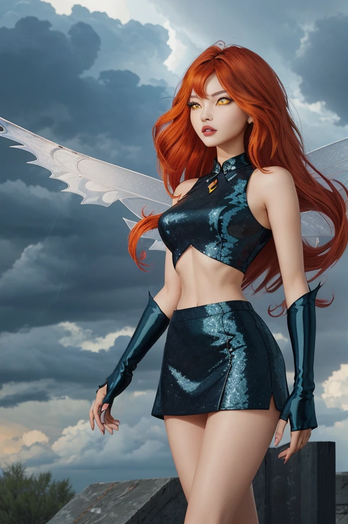 1 girl, alone, ((pitiful)),Dark Blossom, Red hair, yellow  eyes, boots, black skirt, gloves, black shirt, wings, glittery clothes, ​masterpiece, best quality, Optimize_beautiful eyes:0.8 with an approaching thunderstorm in the background, Flock of migratory birds passing through.