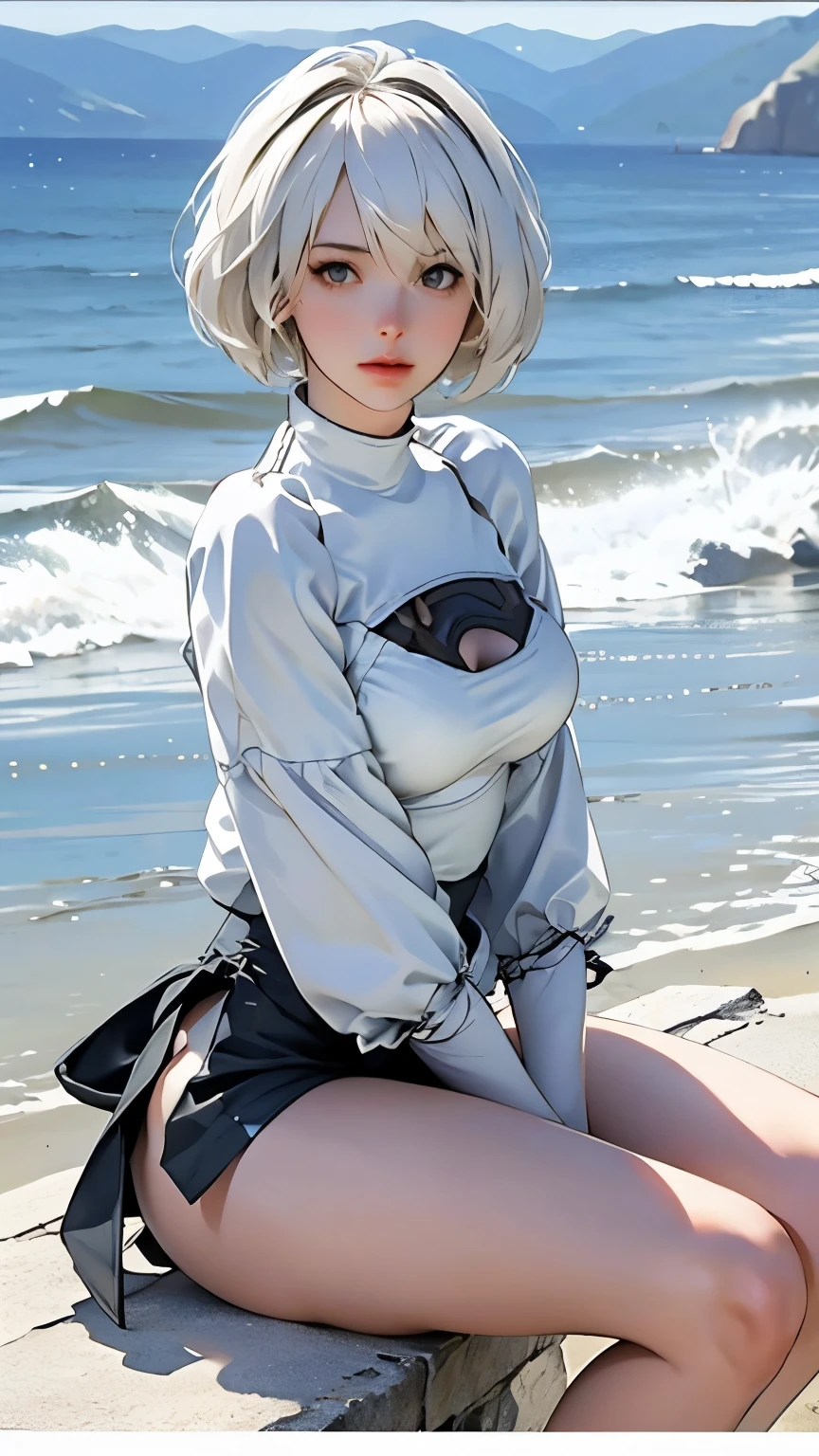 Sitting on bent knees at the beach, front view, beautiful woman, sandy beach, big waist, big breasts, white short hair, coastline, sunny weather, blue sky