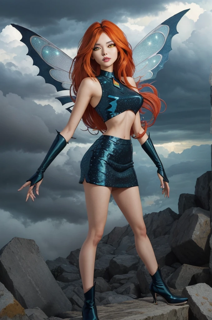 Winx Club dark bloom, alone, ((pitiful)),Dark Blossom, Red hair, yellow  eyes, boots, black skirt, gloves, black shirt, wings, glittery clothes, ​masterpiece, best quality, Optimize_beautiful eyes:0.8 with an approaching thunderstorm in the background, Flock of migratory birds passing through, big boobs 