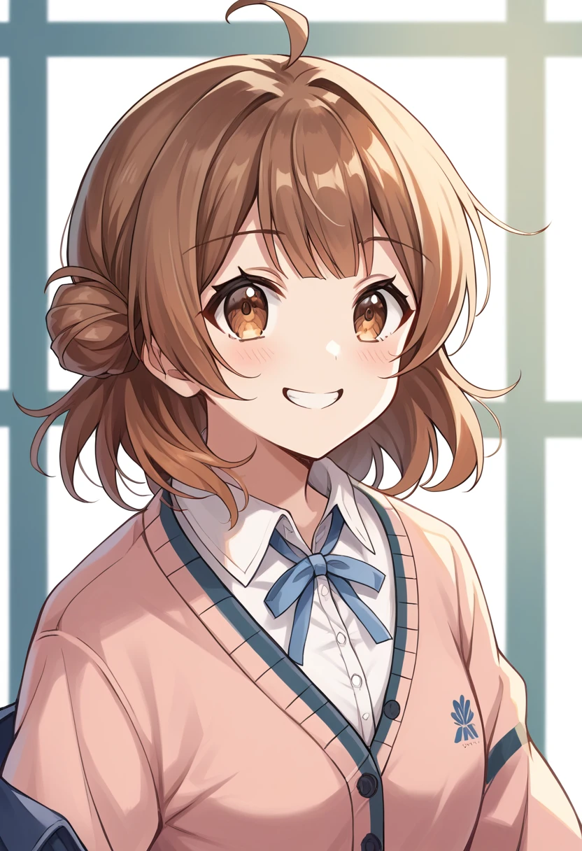 score_9, score_8_superior, score_7_superior, score_6_superior, score_5_superior, score_4_superior, Break Source_anime,
masterpiece, Highest quality, Super detailed, Perfect Face, Detailed face,
ume-default, Hanami Ume, Brown eyes, smile,Brown Hair,Medium Hair, Hair Bun,Ahoge,school uniform, cardigan,Dress shirt
