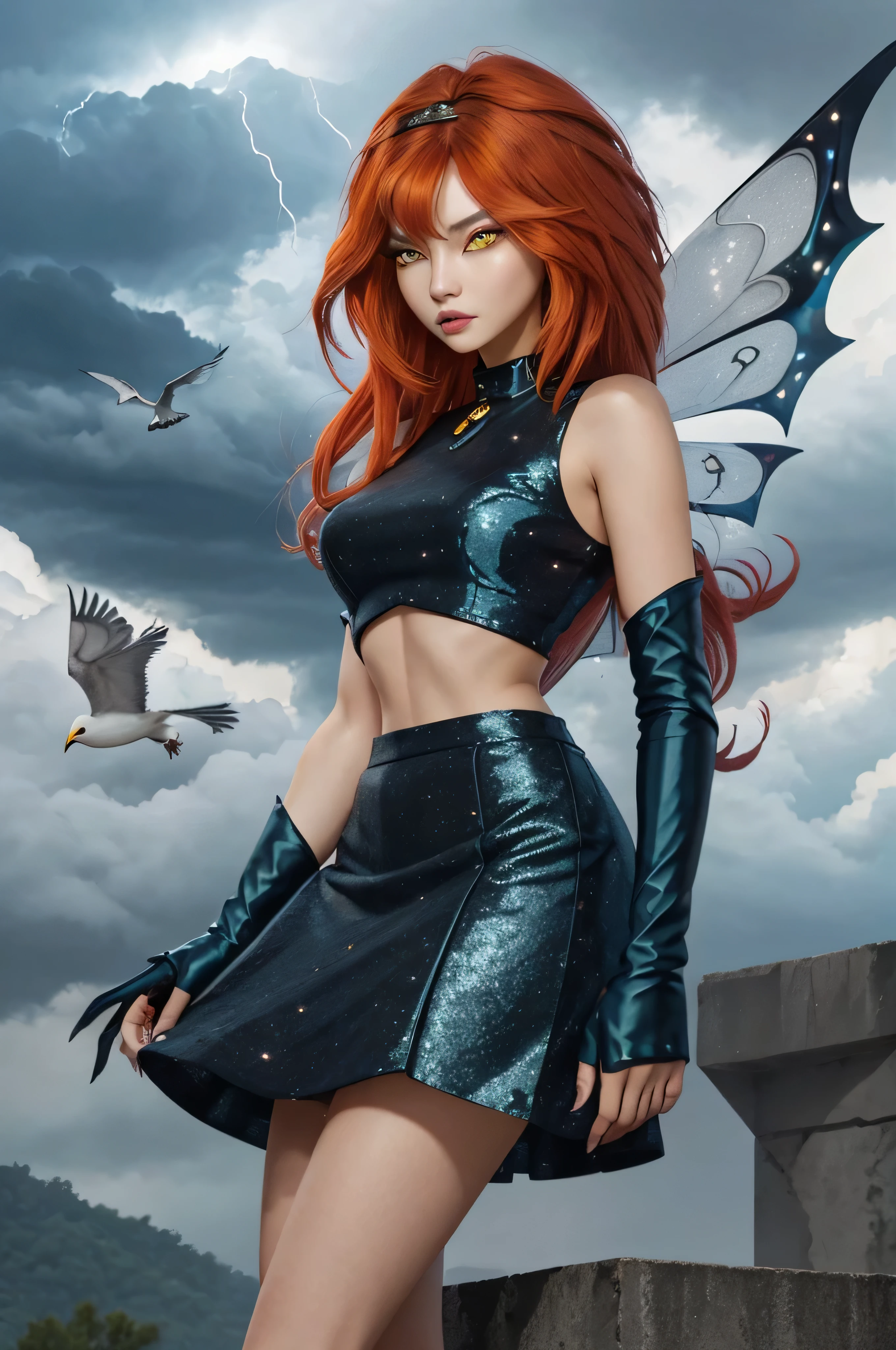 1 girl, alone, ((pitiful)),Dark Blossom, Red hair, yellow  eyes, boots, black skirt, gloves, black shirt, wings, glittery clothes, ​masterpiece, best quality, Optimize_beautiful eyes:0.8 with an approaching thunderstorm in the background, Flock of migratory birds passing through.