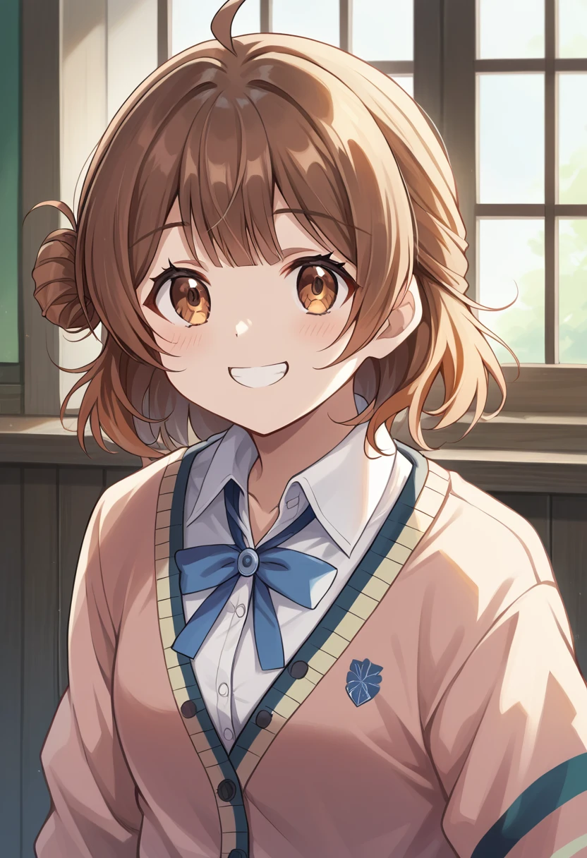 score_9, score_8_superior, score_7_superior, score_6_superior, score_5_superior, score_4_superior, Break Source_anime,
masterpiece, Highest quality, Super detailed, Perfect Face, Detailed face,
ume-default, Hanami Ume, Brown eyes, smile,Brown Hair,Medium Hair, Hair Bun,Ahoge,school uniform, cardigan,Dress shirt,go ahead,