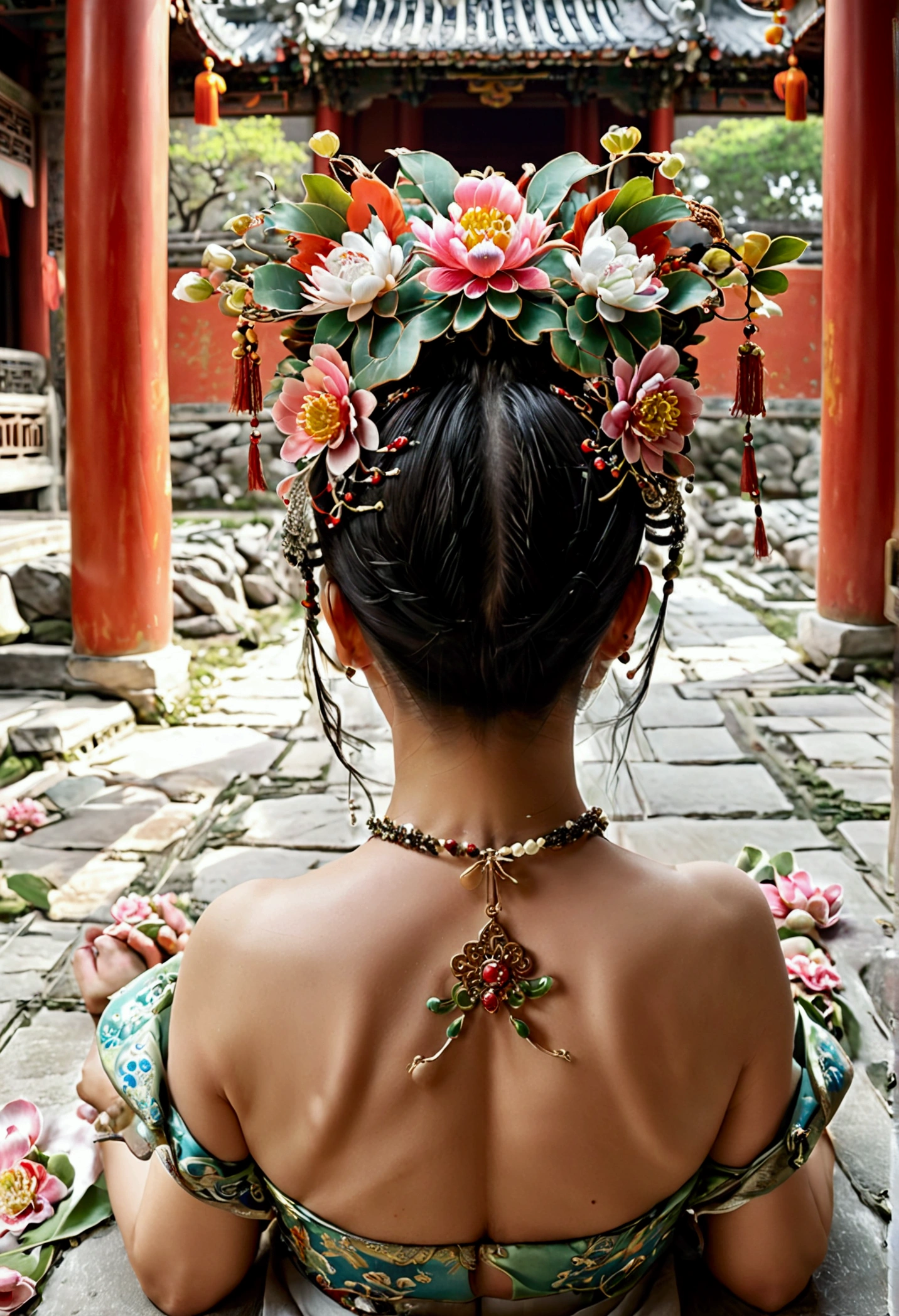 A woman seen from the front, bent over on the ground facing forward, legs spread apart, busty and naked, wearing a crown and showing her thighs and feet from below, in the Chinese imperial court of the Qing dynasty.。She is completely naked, showing off her gorgeous large flowers and hairpins, her hair tied up and pulled up, and the background is the stone paving of the Chinese palace of the Qing Dynasty.