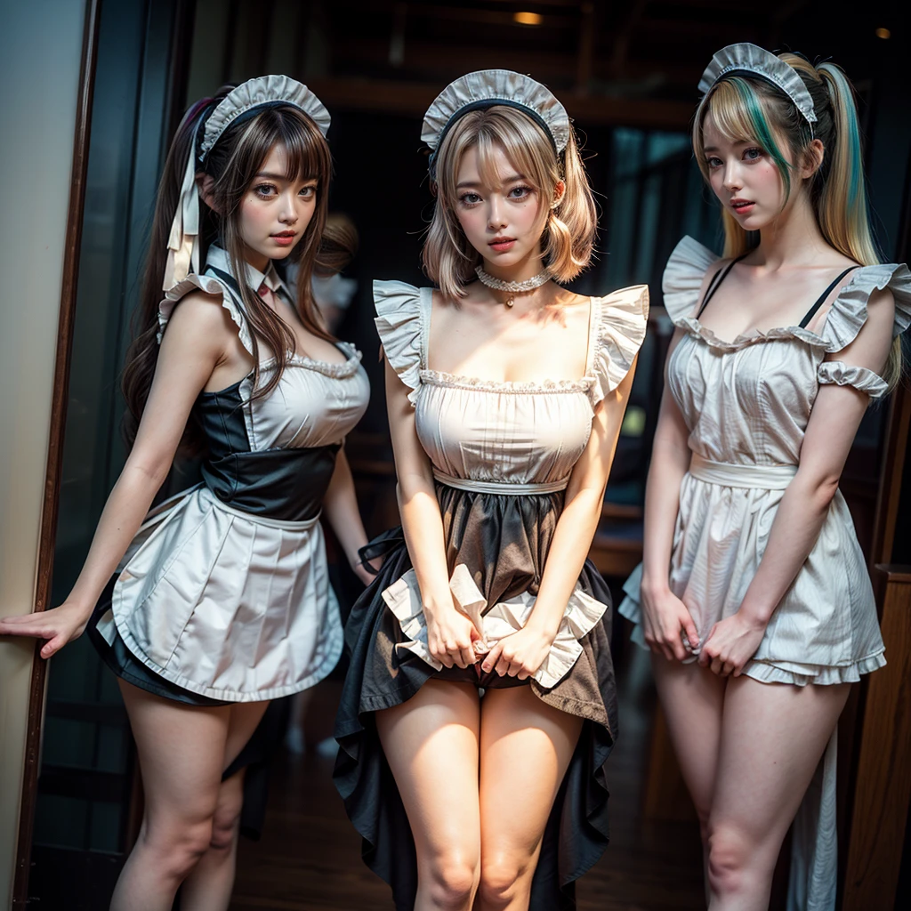 (Full Body of Extremely Detailed((Kawaii Maid Group in a row:1.37))), Childish perfect face, Reflective Eyes, Detailed(Delicate Clothing textures), Dynamic Joyful Expressions LifeLike Rendering, Specular Reflection, TopQuality 8K Ultra-detailed masterpiece (ProfessionalPhoto:1.37), (Acutance:0.8), (Luminism:1.28), (Renaissance art style), Colorful Light particles, ((Full body from side)), {MicroMini(SkirtLift)|Kissing|Breast Lifting|Undressing}, Radiant Fine Skin with Transparency, (Exposed:0.5), (Different types of Anime hair color:1.7), Perfect Lighting 