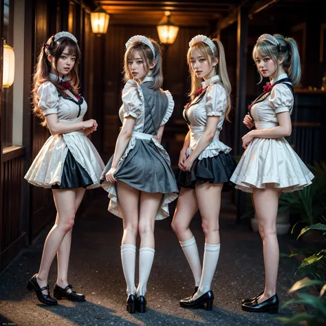 (full body of extremely detailed((kawaii maid group in a row:1.37))), childish perfect face, reflective eyes, detailed(delicate ...