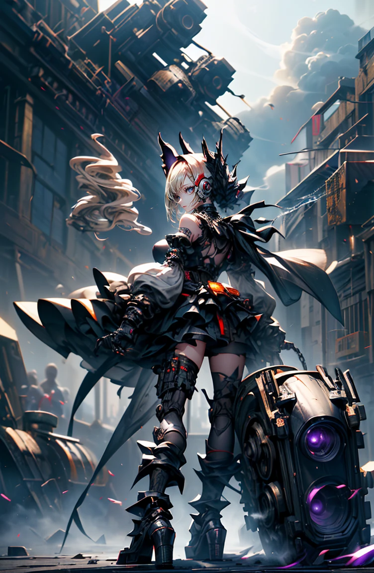 super high quality、8K quality、High resolution、Image quality captured with a single-lens reflex camera、(software)、Perfect Anatomy、(1. The theme is Gothic punk girl holding a barrel of alcohol）Beautiful blonde 15 year old girl.Orange eyes、(Good shape、Normal chest、Cleavage)、(Black mechanical parts for arms and legs、3D, Realistic mechanical parts)(Mechanical parts wings on the back)(Holding a barrel of wine:1.2)break、（Perfect Anatomy:1.4）break(Rear view、Recall、avert your eyes:1.3)Petals flutter(Smoke rising from the battlefield、Twilight:1.5) 