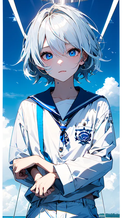 beautiful young man,silver hair,short hair,blue eyes,white shirt,blue slacks,sailor collar,resort,blue sky,blinking light,summer