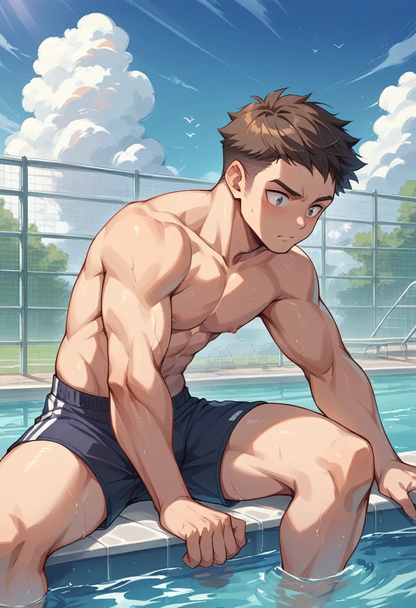 Itadori in boxers jumped into an anime-style Olympic pool 