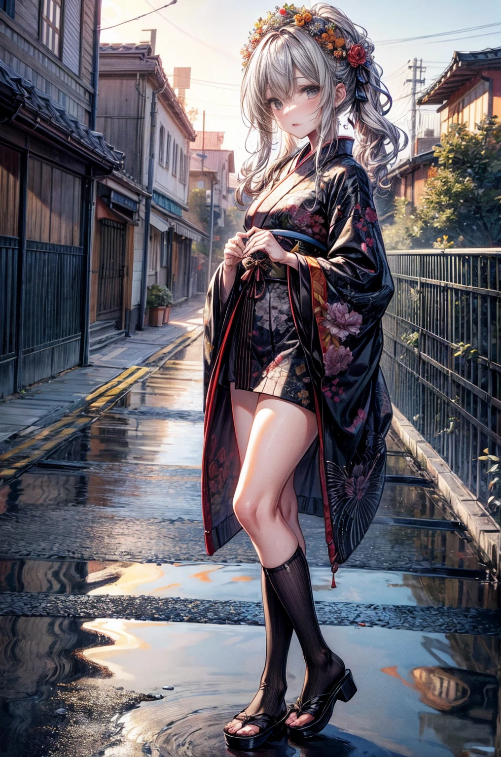 extremely detailed CG unity 8k wallpaper, realistic, hand by Guido Daniele, wearing kimono_clothes, wooden bridge, sakuramon, wreath,lace-trimmed kimono, stone brick road, wet road, clogs, two toe socks