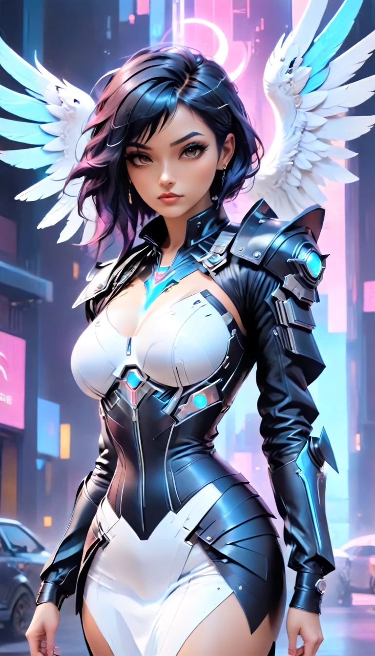 a picture of an mecha angel wearing black leather jacket, ((full body: 1.5)), exotic beautiful angel ((anatomically correct: 1.5), (ultra detailed face: 1.2), best detailed face, busty, folded wings, white angel wings, (white mecha armor: 1.3), she is wearing ((black leather jacket: 1.5)), intricate leather jacket, loose leather jacket, glam leather jacket, jacket has metallic studs, wearing silk dress, (dynamic color dress)), wearing high heeled boots, cyberpunk church background, , vibrant, Hyperrealism style, vibrant, Ultra-high resolution, High Contrast, (masterpiece:1.5), highest quality, Best aesthetics), best details, best quality, highres, ultra wide angle, 16k, [ultra detailed], masterpiece, best quality, (extremely detailed) RAW, feathered wings,