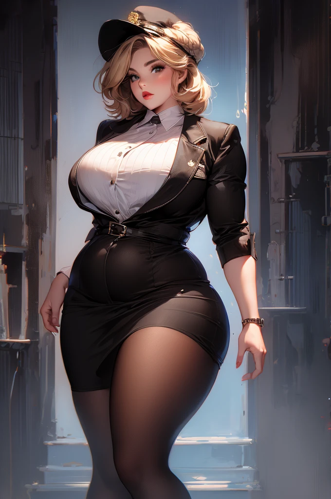 solo plump curvy wide blonde woman wearing a detective outfit
