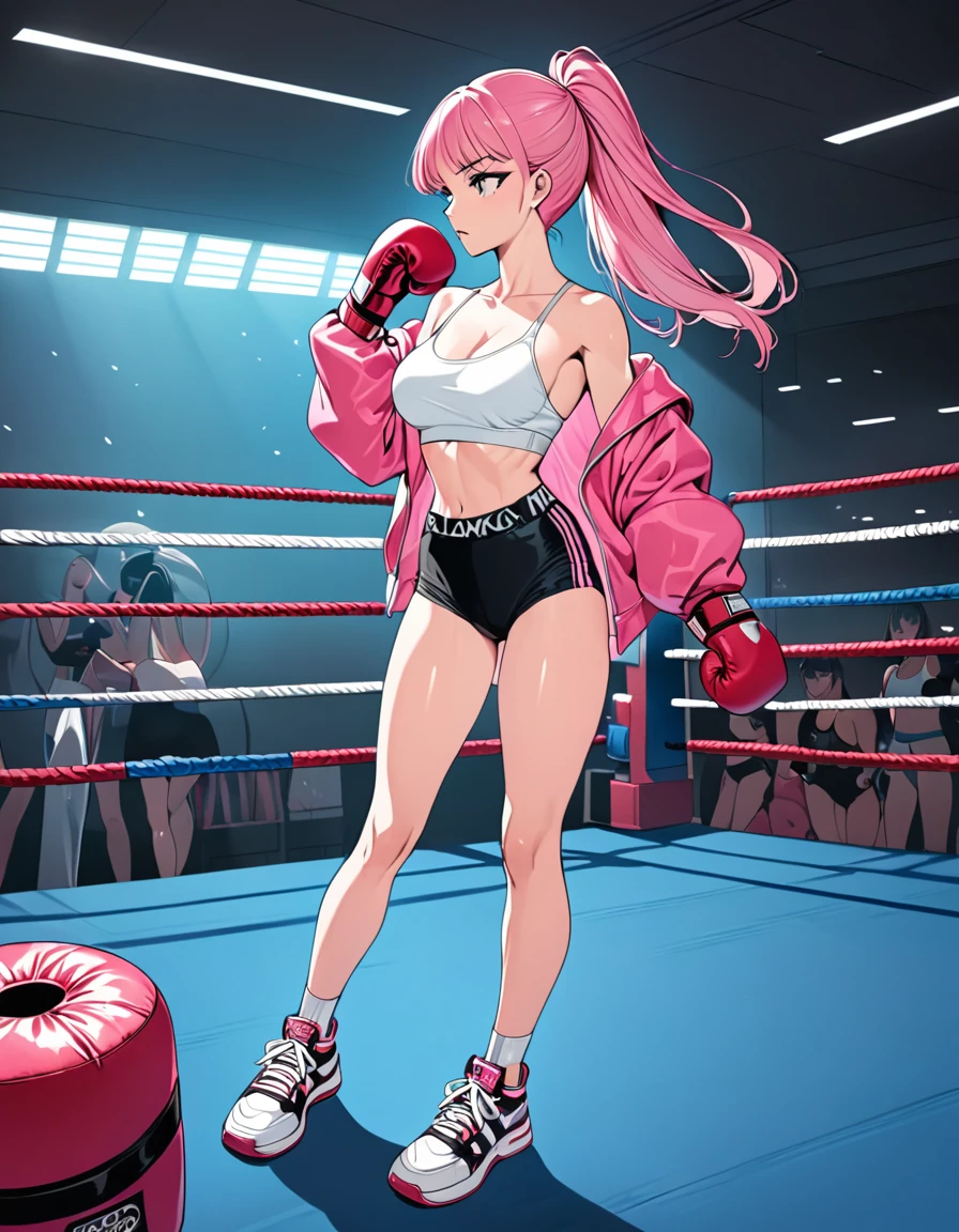 An ultra-detailed full-body illustration, style of 1980s Japanese comics, 8k resolutions, 1girl, solo slender leg, featuring of Blackpink, Characteriistic by alluring, The character has striking pink hair partially concealed under a reflective pink hoodie, with pale skin and a slender physique. She is training intensely in a boxing ring, wearing retro athletic gear, including white mesh crop-top with no bra, white sheer t-back bikini with no pant, black open-finger boxing gloves, and sneakers, Bra comes off, nipples, highlight breast. The scene is vibrant with retro colors and dynamic lines, capturing the intensity of her workout while blending a sporty, fashionable, and retro aesthetic.
