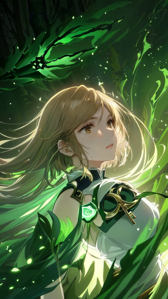 A woman with short orange hair and orange eyes stands in the forest, Shadowverse style, Shadowverse, detailed key anime art, Ayaka Genshin Impact, Detailed digital anime art, Anime Fantasy Artwork, Green Halo, Glowing Green Soul Hammer, Anime Art Wallpaper 4K, Anime Art Wallpaper 4K, Orange glowing eyes, Detailed anime artwork