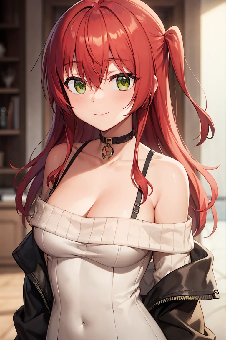 Red hair、Long Hair、bangs、Hair between the eyes、One side up、Green Eyes、smile、Medium chest, Cleavage, arms_behind_return, (sweater, off_shoulder, Long sleeve), choker, strap,