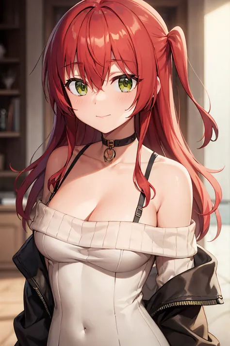 red hair、long hair、bangs、hair between the eyes、one side up、green eyes、smile、medium chest, cleavage, arms_behind_return, (sweater...